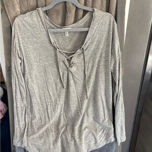 PINK Gray 3/4 Sleeve Women's Top with tie up neckline